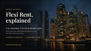 Dubai Marina residential towers at blue hour with the headline Flexi Rent explained, it is voluntary, it is not a tenant right, launched 23 June 2026 with 12 companies signed
