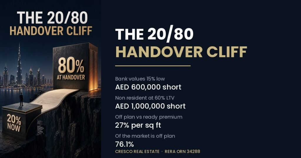Dubai 20/80 payment plan handover cliff. A buyer stands on a block marked 20% now, with a contract bridging to a larger block marked 80% at handover across a cliff, against the Dubai skyline. Key figures: AED 600,000 short if the bank values 15% low, AED 1,000,000 short for a non resident at 60% LTV, 27% off plan premium per square foot, 76.1% of the market is off plan.