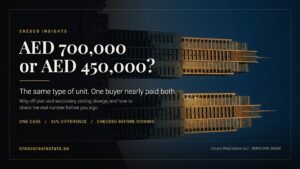 Cresco Insights cover: AED 700,000 or AED 450,000, the same type of Dubai unit, why off plan and secondary market pricing diverge