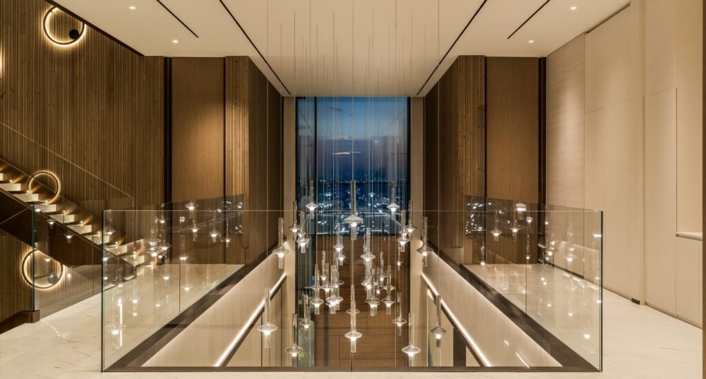 First floor gallery landing with glass balustrade over the dining hall, Harrisoni Villas, La Mer South, Jumeirah 1, Dubai