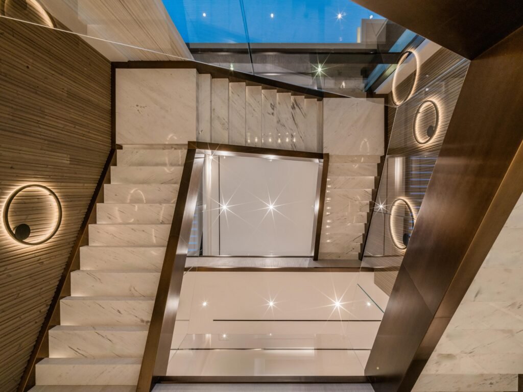 Marble staircase and skylight viewed from below, Harrisoni Villas, La Mer South, Jumeirah 1, Dubai