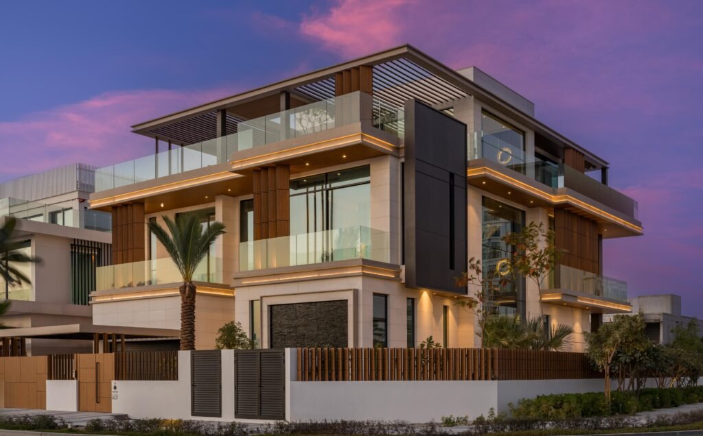 Corner elevation at dusk under a violet sky, Harrisoni Villas, La Mer South, Jumeirah 1, Dubai