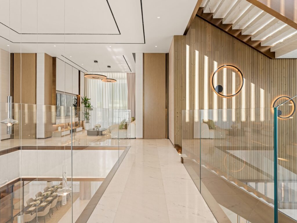Upper gallery with ring lighting and glass balustrade, Harrisoni Villas, La Mer South, Jumeirah 1, Dubai