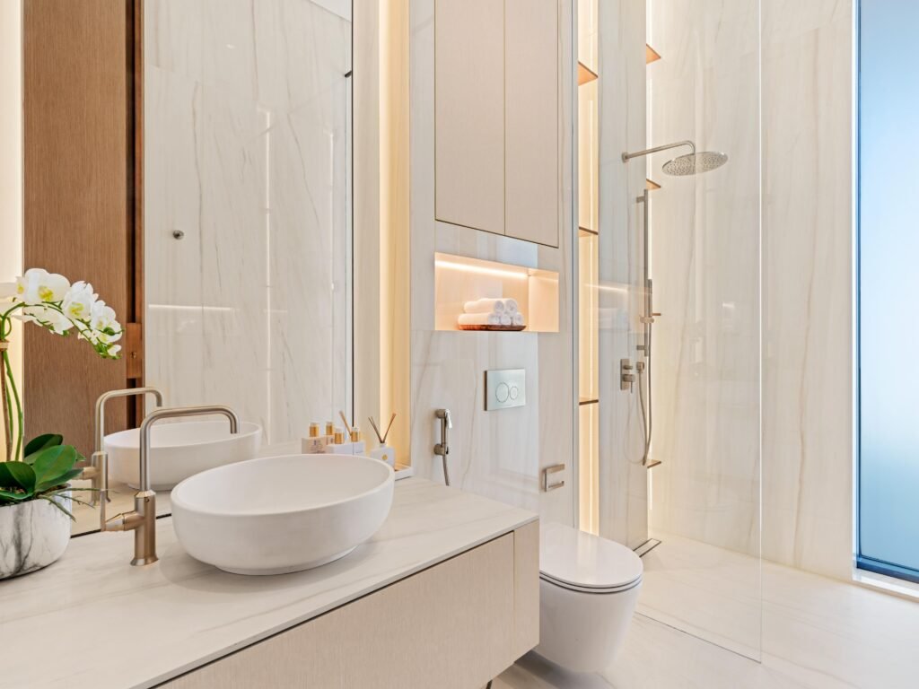 Guest bathroom in white marble with vessel basin, Harrisoni Villas, La Mer South, Jumeirah 1, Dubai