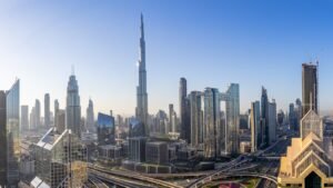 The Burj Khalifa rising above the Downtown Dubai skyline at daytime