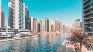 Residential apartment towers lining the water at Dubai Marina
