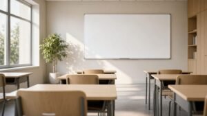 Empty modern classroom with wooden desks, chairs and a blank whiteboard in natural daylight