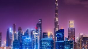 Dubai residential and office towers at dusk, illustrating the cost of retiring in Dubai