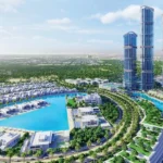 340 Riverside Crescent in Sobha Hartland 2, lagoon and towers render with the Dubai skyline