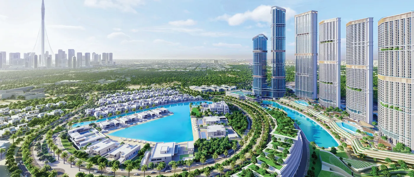 340 Riverside Crescent in Sobha Hartland 2, lagoon and towers render with the Dubai skyline