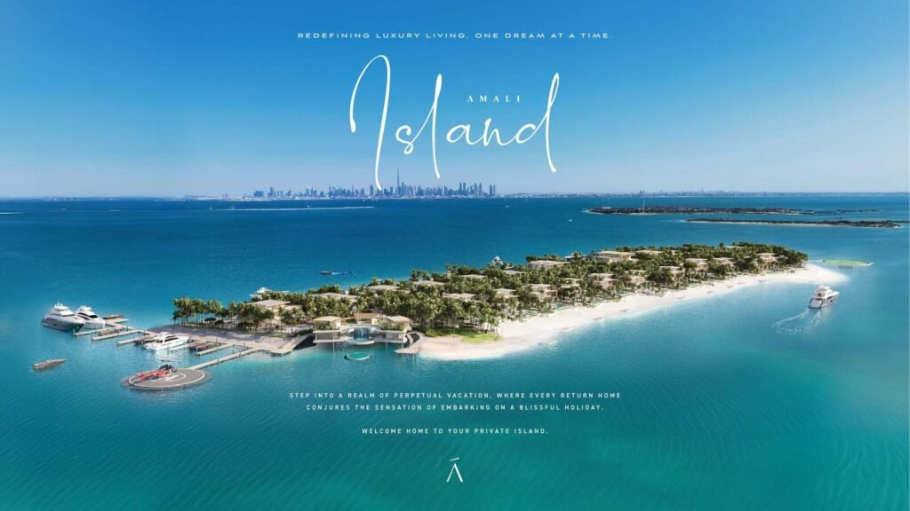 Amali Island aerial view on The World Islands Dubai with the city skyline behind