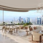 Apartment living room at Amali Residences with a Dubai skyline view