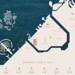 Amali Residences location map on the Dubai Water Canal with travel times to Burj Khalifa, DIFC and DXB