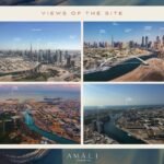 Views from Amali Residences over the Dubai Water Canal, Burj Khalifa and the sea