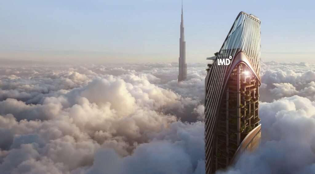Christian A. Rockefeller Business Tower by LMD rising above the clouds beside Burj Khalifa, developer render