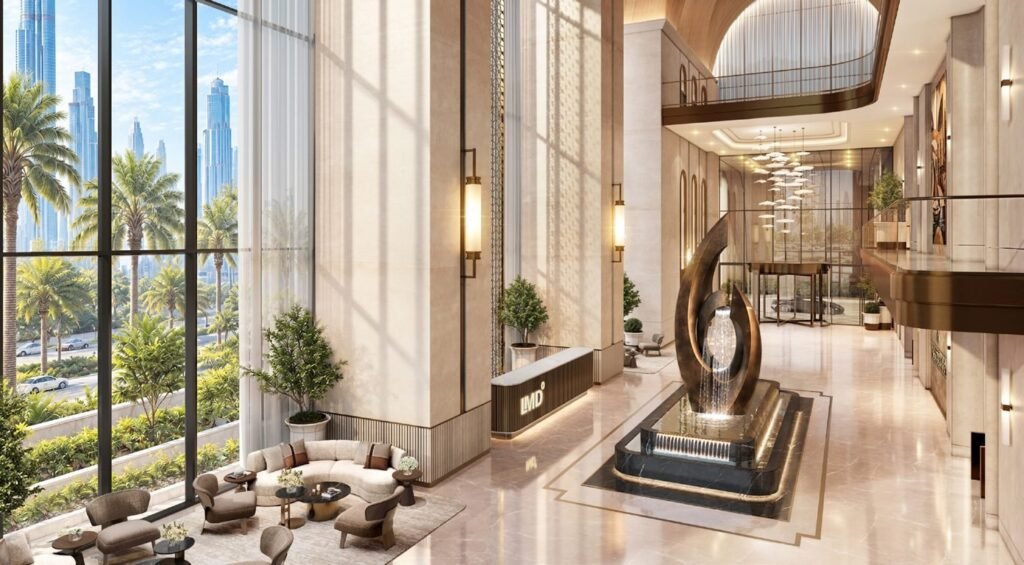 Triple height arrival lobby of the Christian A. Rockefeller Business Tower, developer render