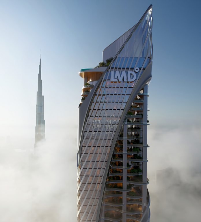 Sculpted glass crown of the Christian A. Rockefeller Business Tower beside Burj Khalifa, developer render
