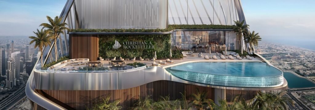 Infinity pool and terrace at The Retreat, level 13 of the Christian A. Rockefeller Business Tower, developer render