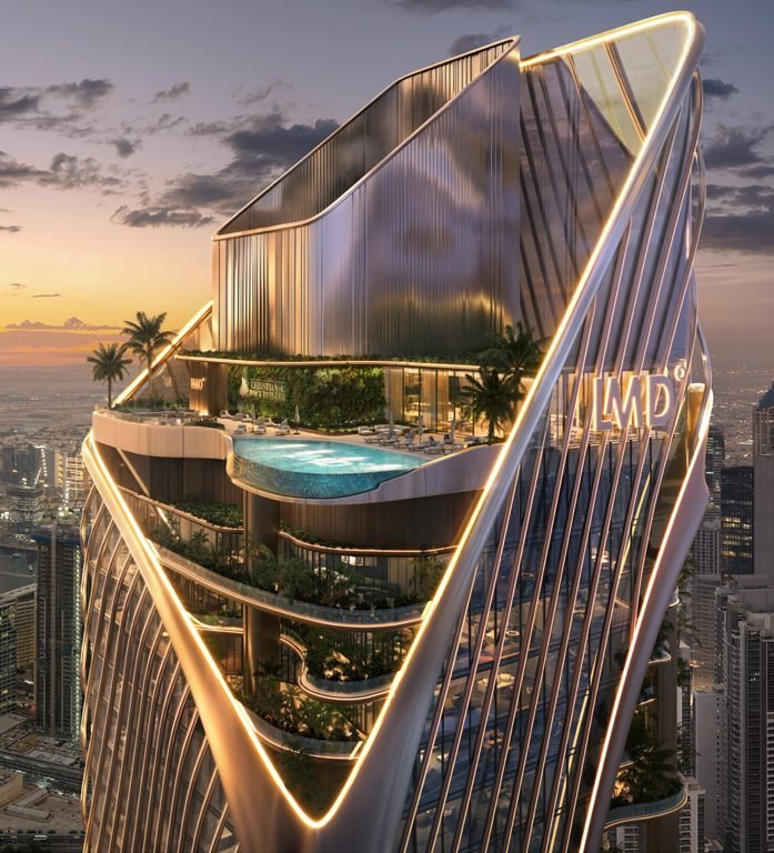 Infinity pool on level 87 of the Christian A. Rockefeller Business Tower at dusk, developer render