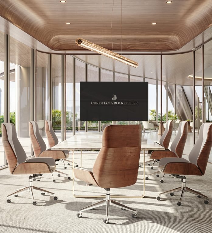 Glass walled boardroom in a Christian A. Rockefeller Business Tower office, developer render