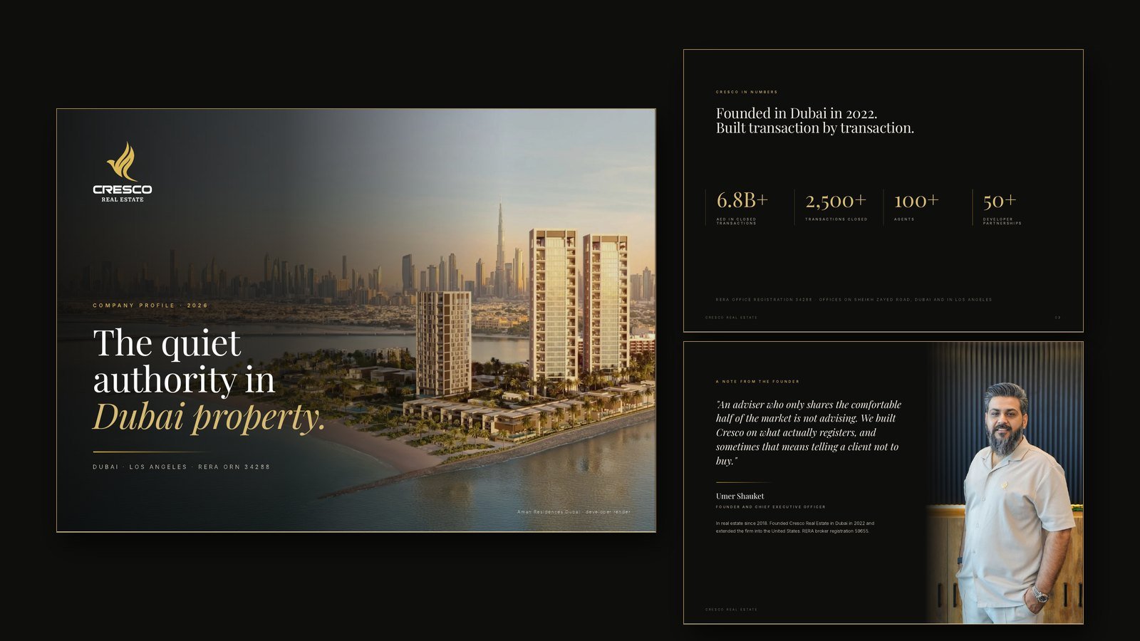 Cresco Real Estate company profile 2026: cover, Cresco in numbers and a note from founder Umer Shauket