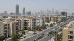A wide view across a mixed Dubai residential district of mid rise apartment blocks with distant towers and cranes.