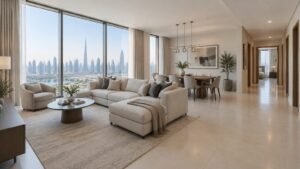 Open plan living and dining area of a three bedroom apartment in Dubai with floor to ceiling windows