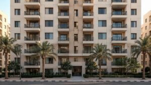Facade of an ordinary mid rise residential apartment building with repeating balconies and palm trees at street level