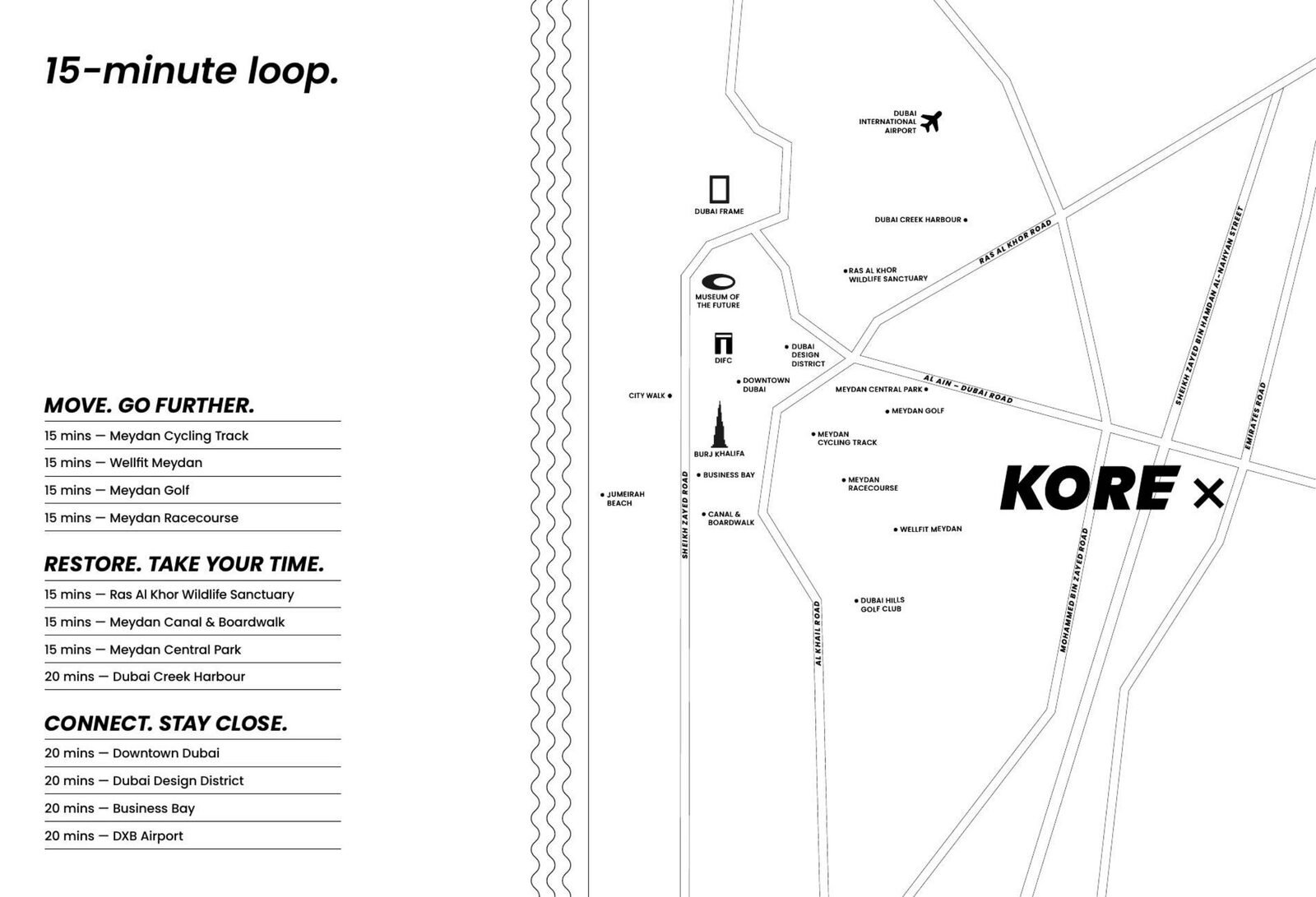 Location map for KORE by Imtiaz showing fifteen minutes to Meydan and twenty minutes to Downtown Dubai
