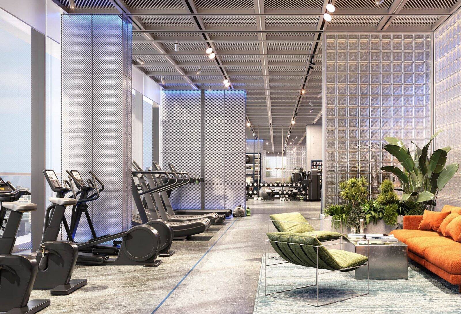 Technogym cardio floor at KORE by Imtiaz with full height city windows