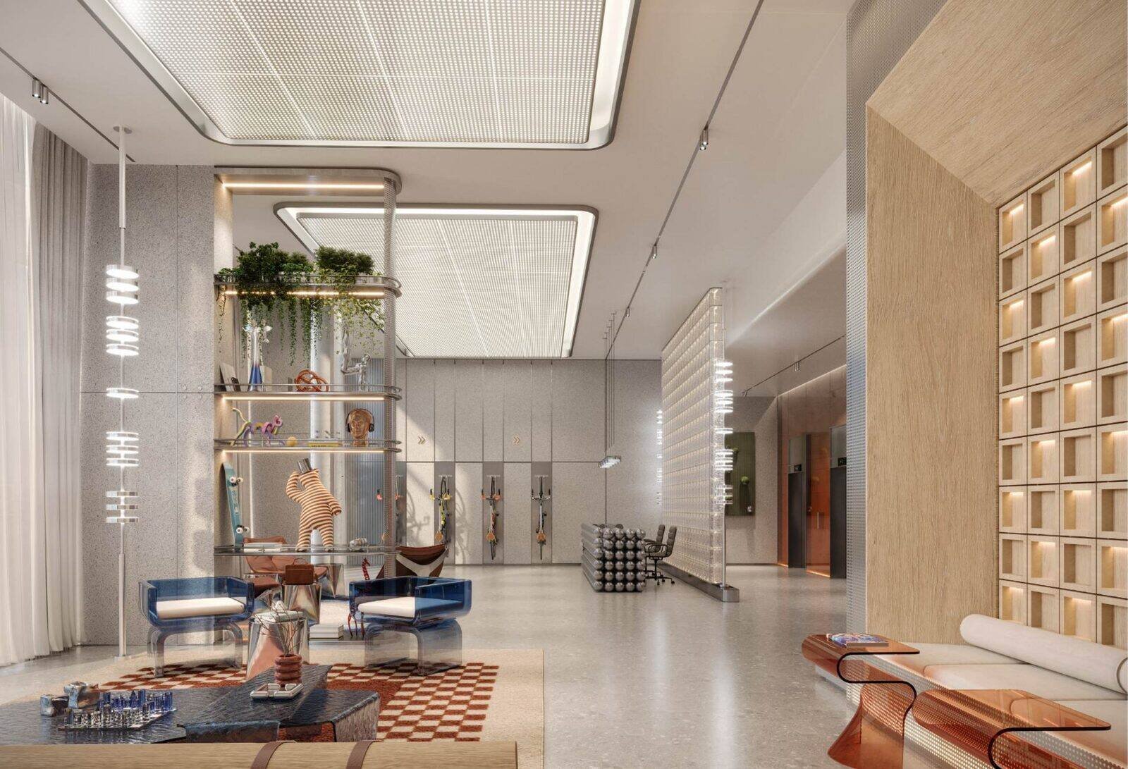 The Core lobby at KORE by Imtiaz in raw concrete and warm timber with wall mounted bike storage