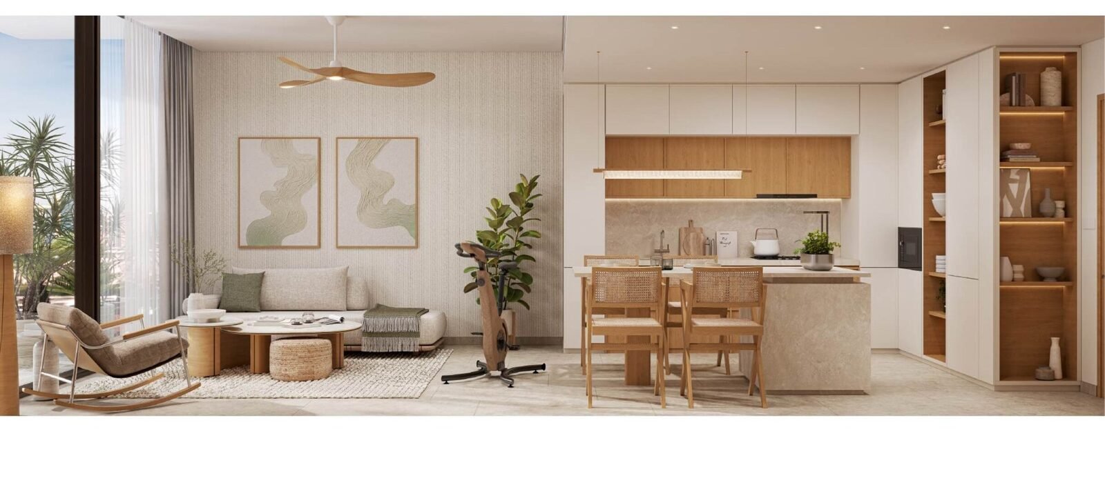 One bedroom apartment at KORE by Imtiaz with an open living and dining space and island kitchen