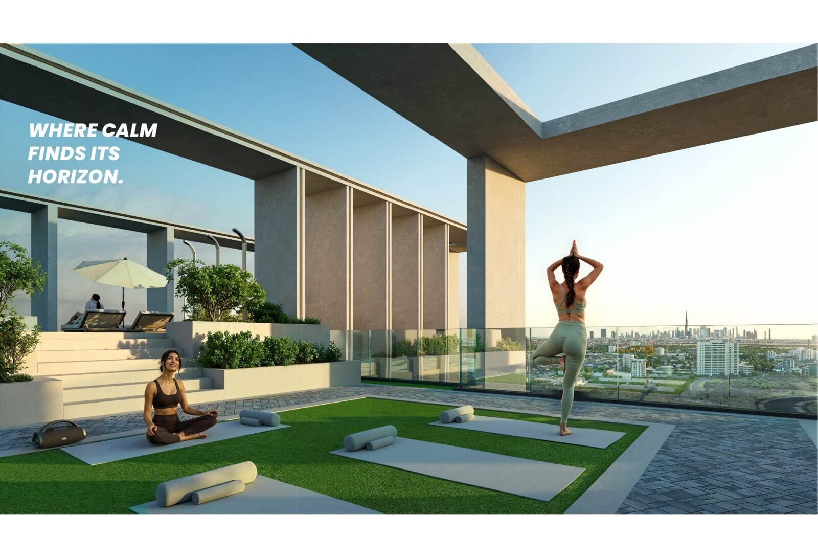Rooftop yoga lawn at KORE by Imtiaz facing the Downtown Dubai skyline