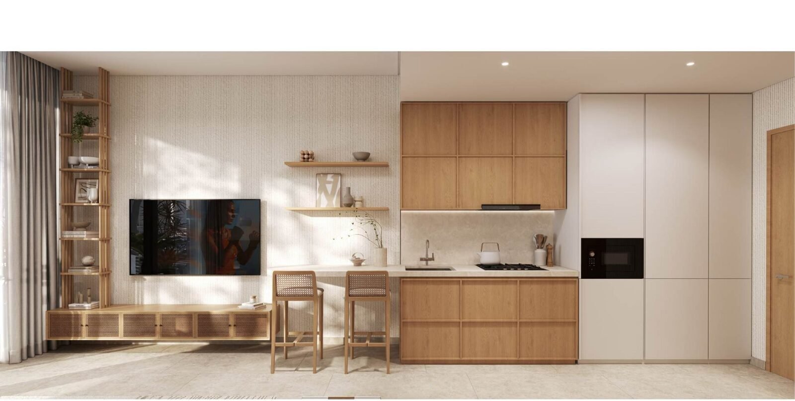 Furnished studio apartment at KORE by Imtiaz with an integrated kitchen and breakfast counter