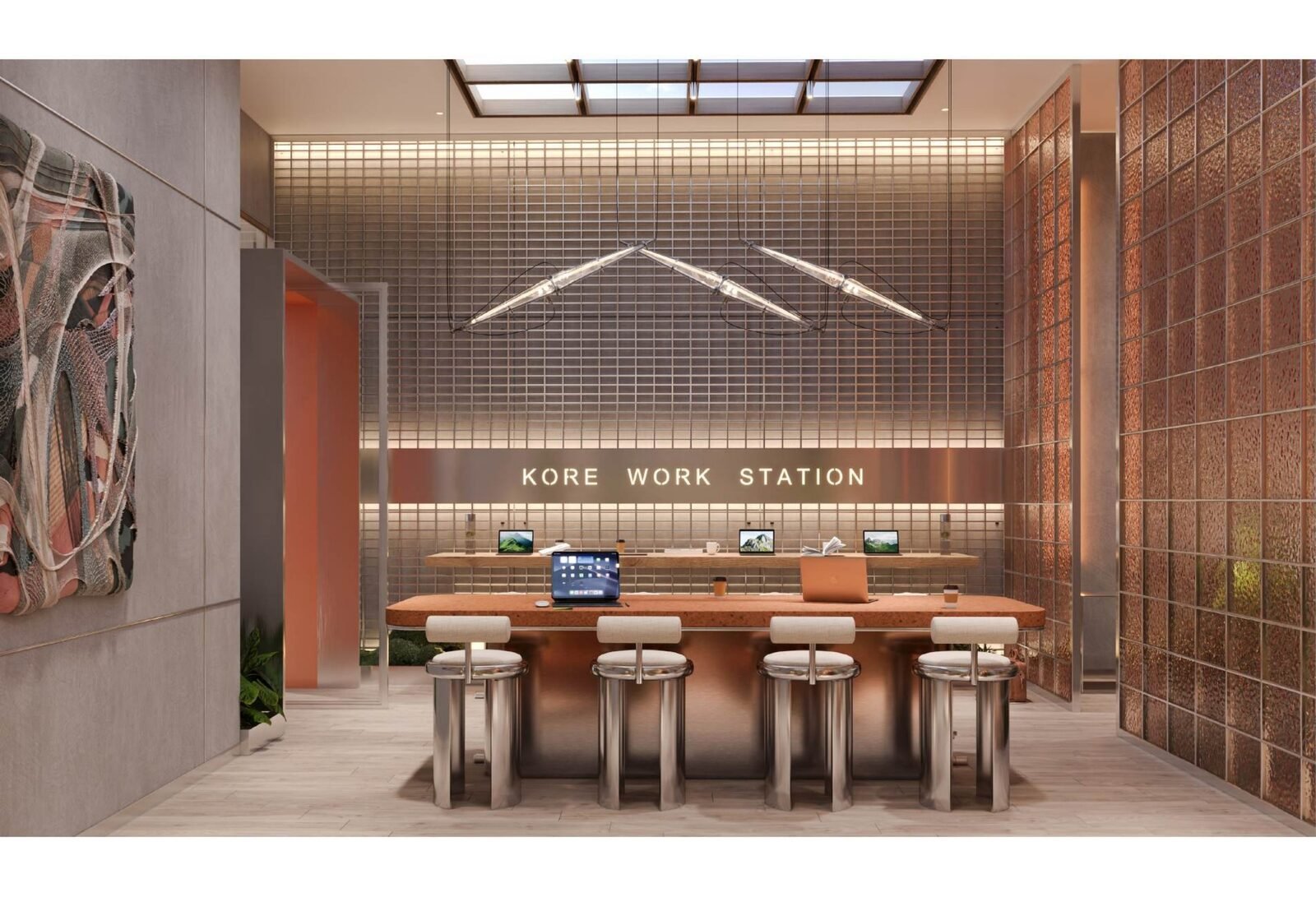 KORE Work Station coworking room with shared desks and glass block walls