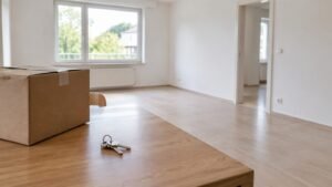 House keys on a wooden table beside a moving box in an empty, bright apartment living room