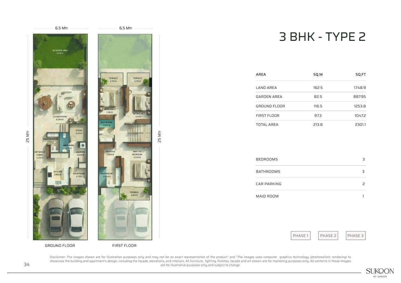 Floor plan of the 3 bedroom townhouse Type 2 at Sukoon by Sanzen Sharjah