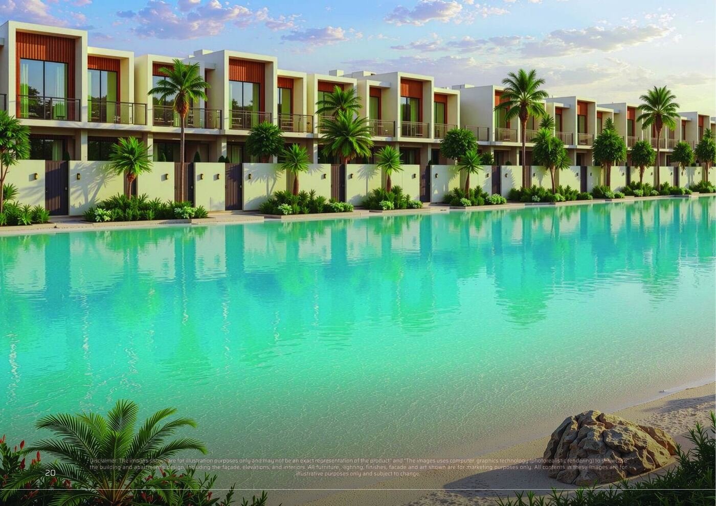Crystal lagoon at sunset in Sukoon by Sanzen Sharjah
