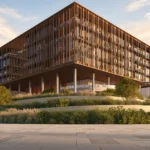 The Yards Plaza by BEYOND, timber screened office building on a landscaped podium at sunset