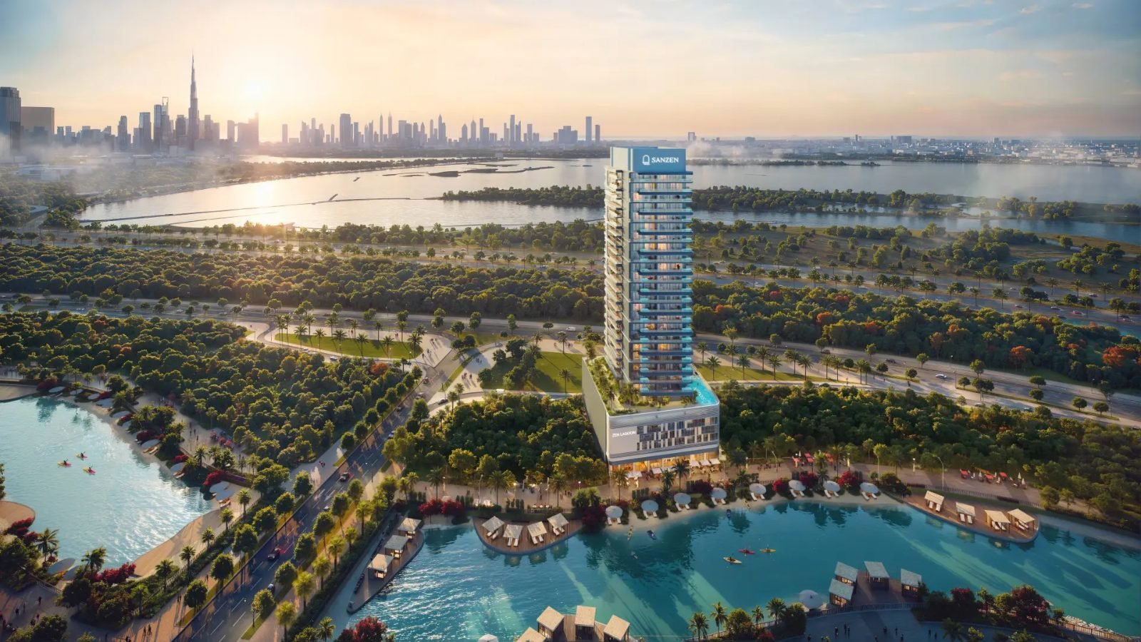 Infinity swimming pool and amenities deck at Zen Lagoons by Sanzen Dubai