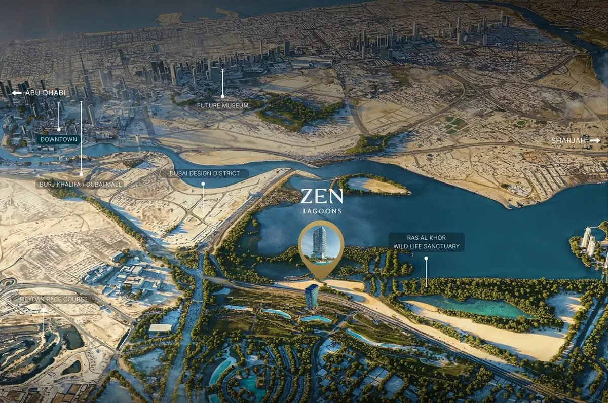 Location map showing Zen Lagoons by Sanzen in Meydan Horizon beside Ras Al Khor Wildlife Sanctuary Dubai